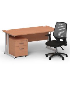 Impulse 1600mm Cantilever Straight Desk With Mobile Pedestal and Relay Silver Back Operator Chair