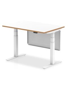 Oslo Air Height Adjustable Desk White Top Natural Wood Edge White Frame with White Steel Modesty Panel